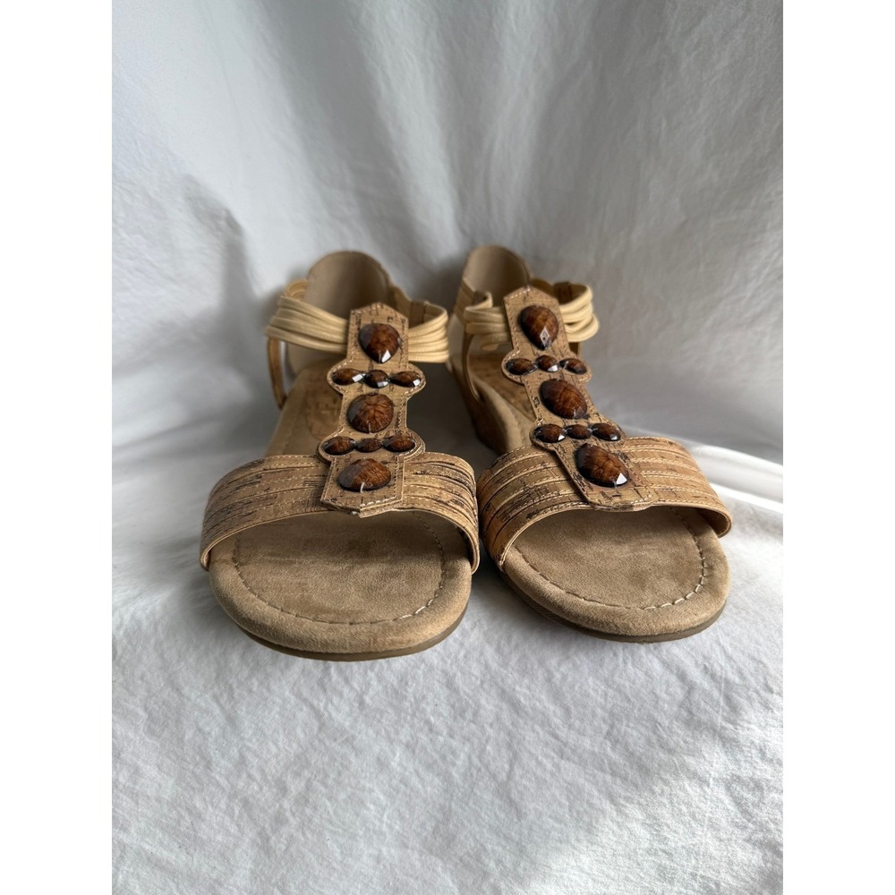 Natural Cork Wedge Sandals with Amber Stone‎ Embellishments Tan 10M